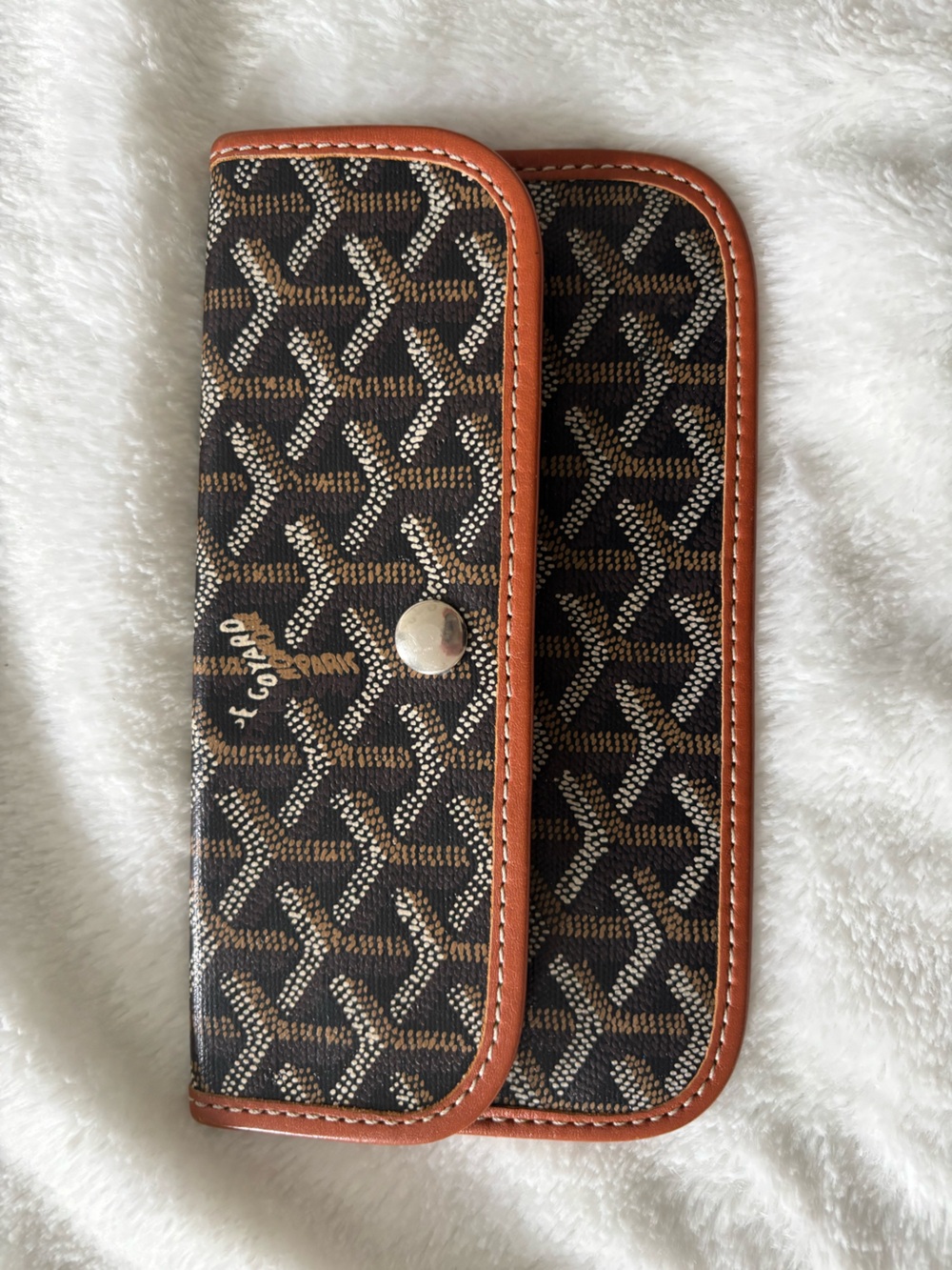 Chic Monogram-Style Zip Wallet | Leather Trim | Neutral Brown